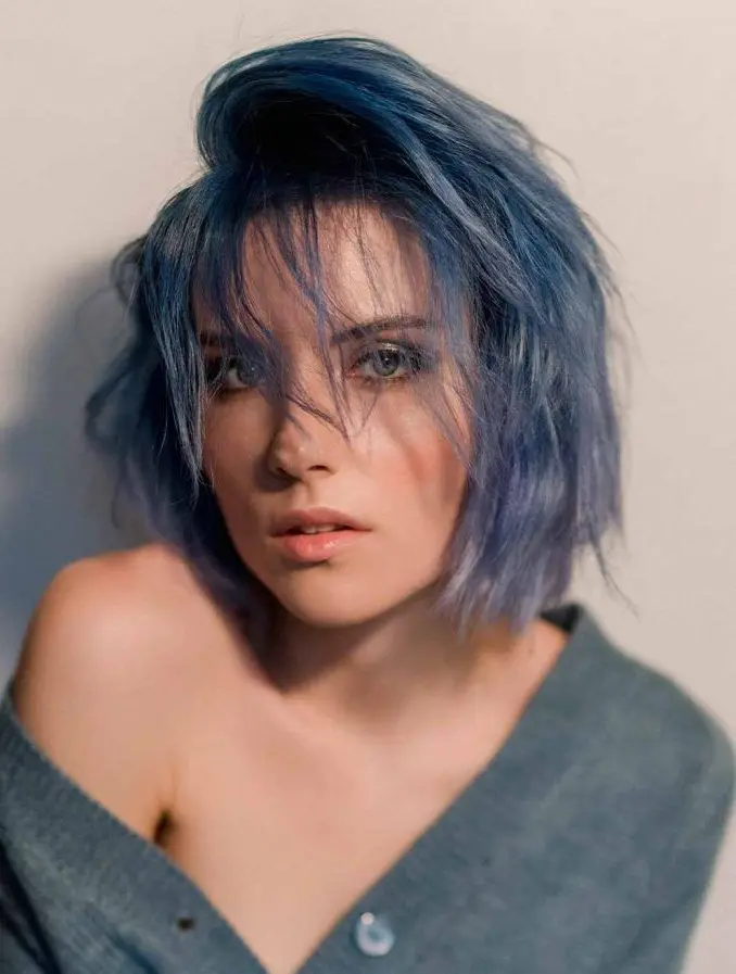 a blue choppy bob with a thick fringe accompanying your choppy layered mane or a touch of short layers that seamlessly blend with the rest of your hair,