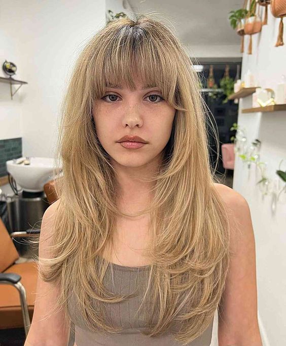 a buttefly haircut done on honey blonde hair with layered bangs and a lot of feathered layers is a chic and lovely idea