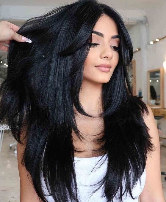 black highcut layered long straight hair 24inch with curtain bangs  synthetic high temperature fiber fake hair for women daily use cosplay  party vacation holiday natural romantic elegant modest halloween Christmas  cosplay |