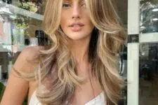 a lovely butterfly haircut on bronde hair, with blonde highlights and money piece, with feathered layers and a bit of waves is very cic