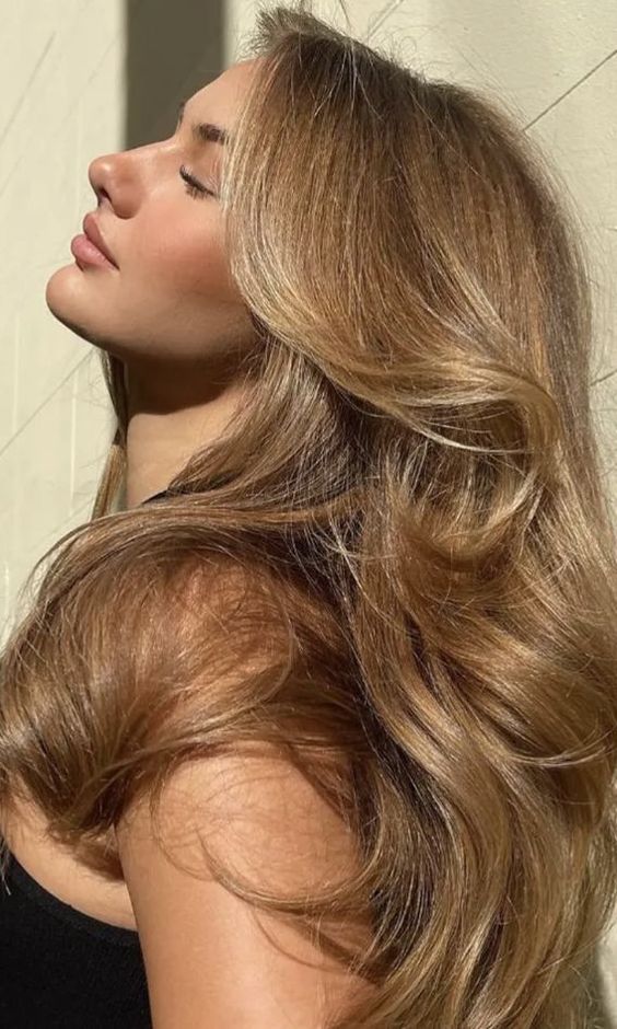 fantastic and shiny bronde hair featuring a butterfly haircut, some blodne money piece and highlights is wow