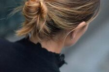 a low messy twisted bun with textured hair is a cool idea for any time and most of occasions where you don’t need elegance