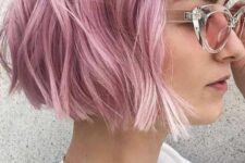 04 a bright and cold pink wavy chin-length bob with blunt bangs and a bit of waves is a very bold idea inspired by the 90s