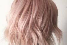 19 shoulder-length peachy rose blonde hair with waves is a stylish idea for anyone with light-colored or blonde hair
