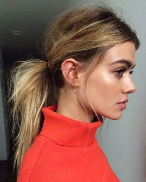 a messy and textural low ponytail with a messy volume on top is a cool idea for a bad hair day, to achieve that volume, use dry shampoo