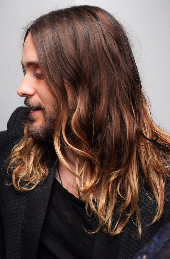 Jared Leto wearing long auburn hair with waves and caramel to blonde ombre looks jaw dropping