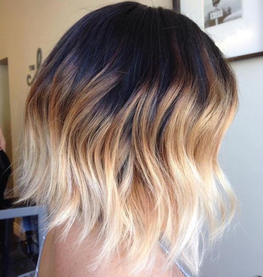 a bold long bob with an ombre effect, from black top caramel and bleached blonde, with messy waves, is amazing