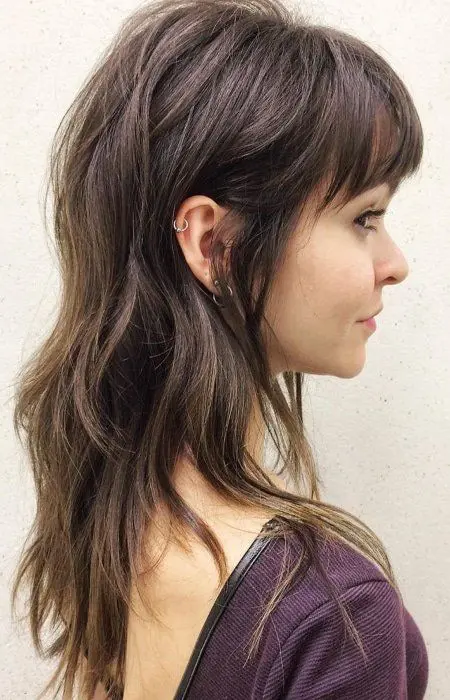 a dark brown wolf cut with bangs, long layers is a lovely and catchy idea for any girl who wants to be on trend