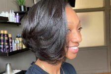 a feathered angled bob will look sharp and modern on naturally black hair and longer layers will make it manageable