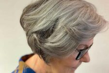 a layered cut with feathered bangs is great for medium to thick hair including grey hair, it will bring volume to the look