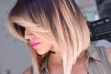 a long A-line ombre bob from dark brunette to caramel and bleached blonde, with bangs, straight volumetric hair