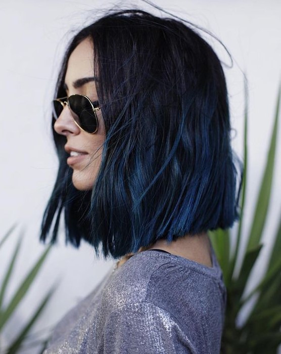 a long textural bob with a black to blue ombre for a super edgy look