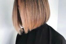 a lovely and chic dark brunette sleek bob with caramel ombre and central part looks amazing