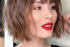 a messy and textural short brunette bob with layers and fringe is a fantastic idea if you want a bit of rock