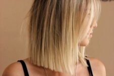 a pretty and effortless blonde collarbone bob with a darker root and blunt ends looks perfect and very fresh