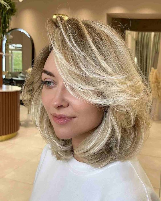 a pretty feathered long bob with blonde balayage and a lot of movement is a pretty and lovely idea to make your hair look full