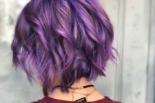 a purple chopped wavy bob with waves is a chic and cool idea that will make a statement with its color