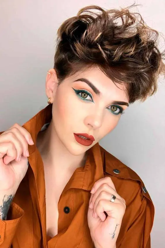 a short light brunette pixie with blonde balayage and a lot of volume is amazing for anyone