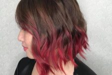 a super bold bob from dark brunette to hot red, with layers and waves, is a catchy and edgy idea
