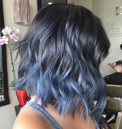 a wavy long bob in metallic grey with metallic blue ombre is a chic and romantic idea inspired by mermaids