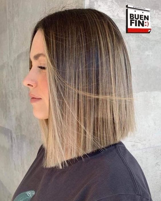 an angled collarbone brown bob with blonde balayage and absolutely straight and sleek hair is amazing