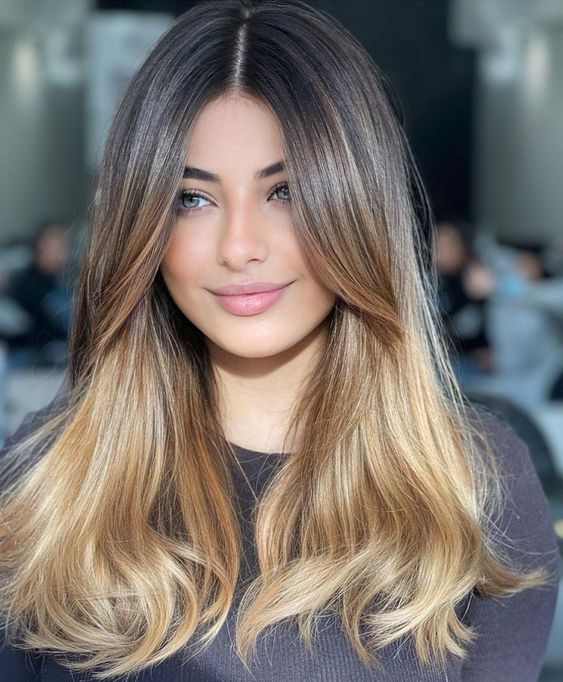 beautiful light brown long hair with an ombre blonde effect and chin bangs plus middle part looks very chic