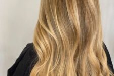 long bronde hair with gold blonde balyage and waves is a gorgeous and chic idea that is always classic