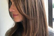 medium length brunette hair with a bit of layers and chin bangs is a stylish idea to try