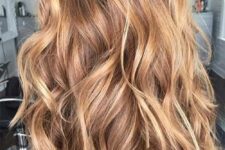 medium-length ginger hair with honey and gold blonde balayage and waves is a very beautiful idea