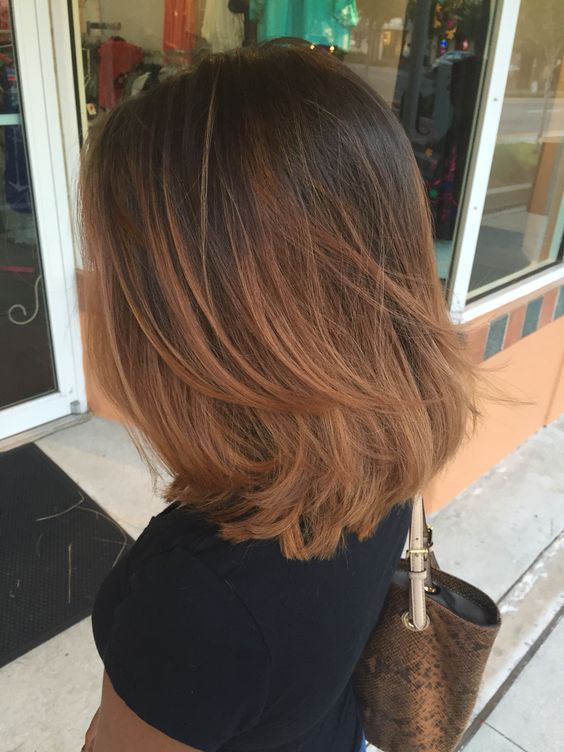Pretty shoulder length hair with an ombre effect from black to copper, with layers and a lot of volume is adorable