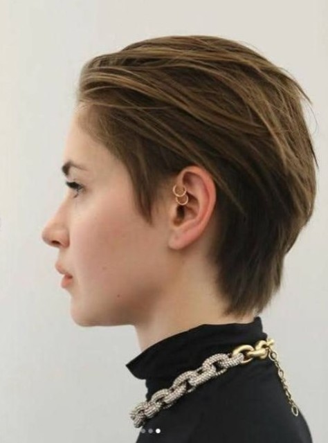 a bixie haircut in brown, with layers and texture is a cool and all-natural idea to go for