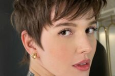 a layered brunette pixie with feathered layers that provide movement and longer sides is very fresh and modern idea