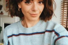a midi brunette bob with waves and bangs is a lovely and very girlish idea for any time