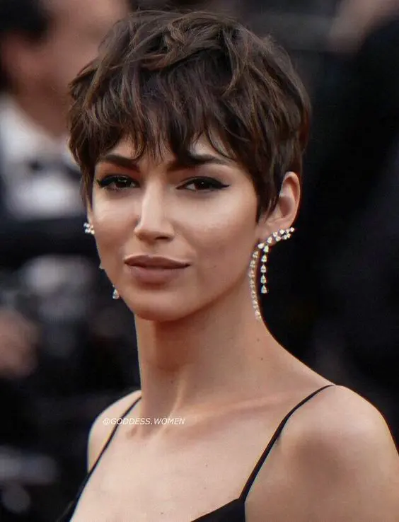 a pretty and flirty brown layered pixie with long fringe, sides and a longer top is a catchy and chic idea with plenty of texture
