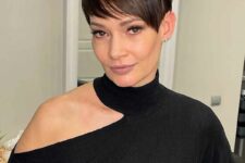 a short layered pixie haircut looks sophisticated, and caramel highlights give it more dimension and glow