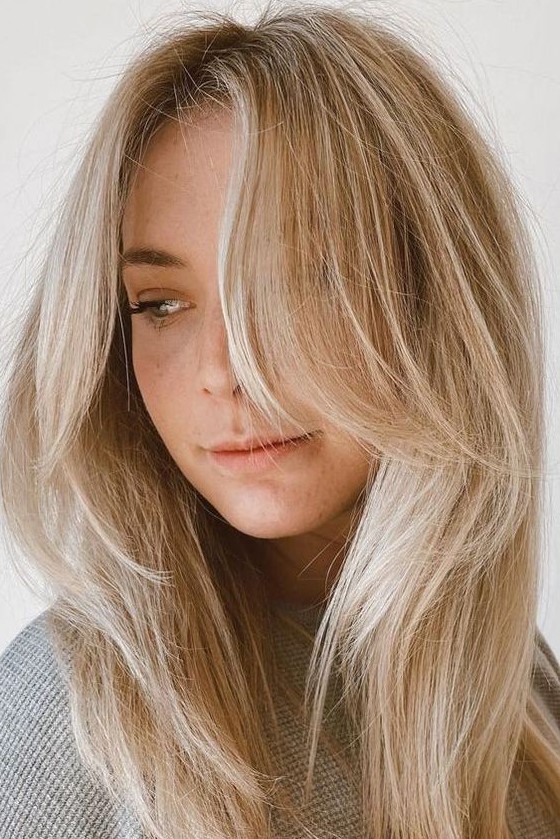beautiful long blonde hair with icy balayage and long layers framing the face is a chic and cool idea