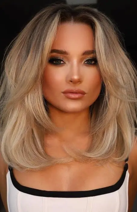 Fantastic blonde medium hair with a darker root, layers including face framing ones is a chic and cool idea