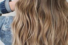 light brown hair with caramel and blonde balayage and slight beach waves and a texture is a lovely idea