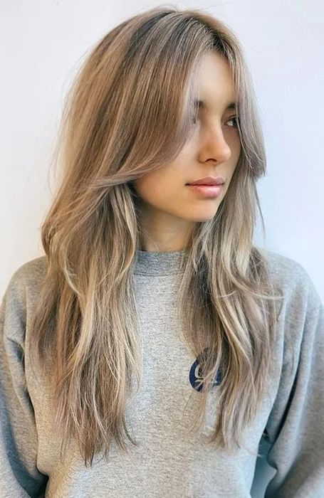 Pretty mousy grey long hair with texture, face framing layers and central part is a lovely and chic idea
