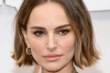 Natalie Portman wearing a beautiful brown boy bob with center parting and caramel touches and waves looks amazing
