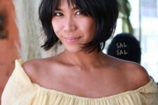 a flirty black jaw-line bob with wispy and bottleneck bangs plus curved ends is a very cute and lovely idea