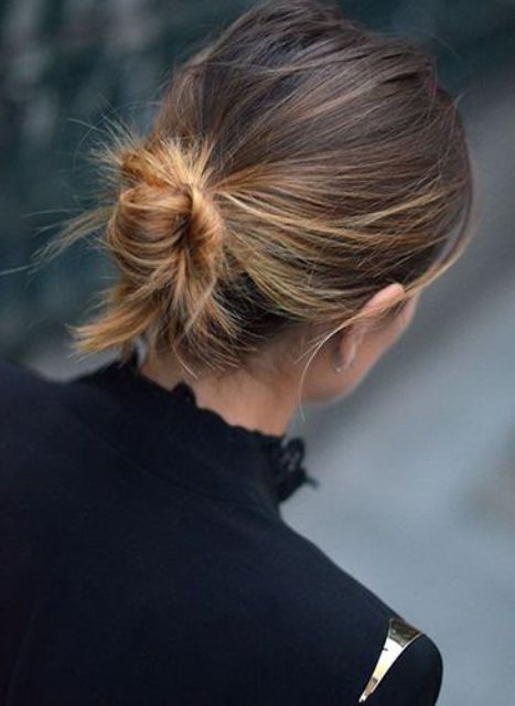 a messy low bun with a messy top is a cool idea for medium and short hair