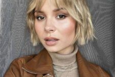 a relaxed blonde wavy jaw-ling bob with wispy bangs is a good idea for thin hair, it looks lovely