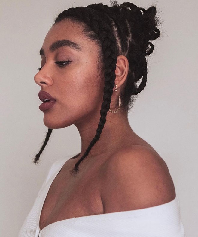 chunky cornrows will let you spend not too much time on creating a hairstyle, braids on both sides won't obstruct the view