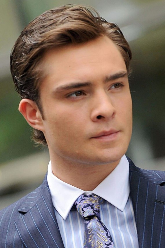 Ed Westwick rocking a classic and simple side, with a side part, combed bak and tucked behind the ear