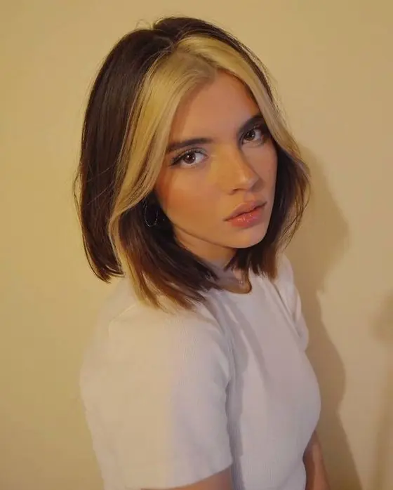 a dark bob with chunky blonde money piece is a lovely and super bold idea to rock right now
