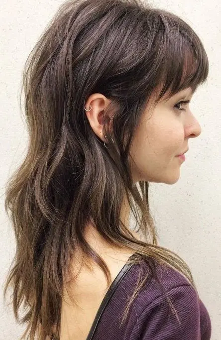 a dark brown wolf cut with bangs, long layers is a lovely and catchy idea for any girl who wants to be on trend