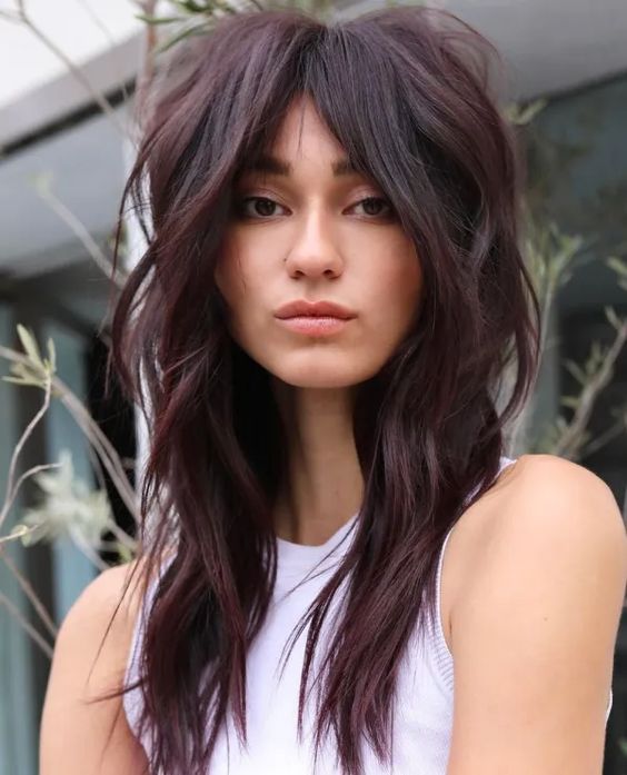 a deep purple long wolf cut with volume only on top and waves plus bottleneck bangs looks spectacular
