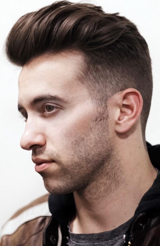 a layered quiff is slicked back and uses a classic taper to finish off the sides, and a high top provides a contrasting look