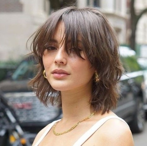 a short wolf cut in brown with bottleneck bangs and texture is a cool idea if you want a wolf cut but a shorter one